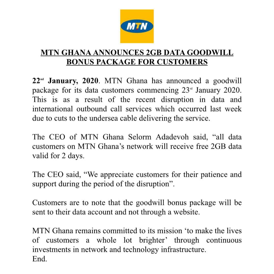 MTN Ghana Compensates Customers With 2 Gigabyte Free Internet Data: Undersea Cable Issue Resolved