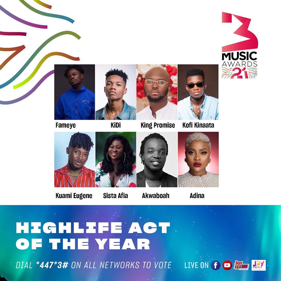3Music Awards 2021: Kuami Eugene, KiDi, Fameye King Promise, And Others Nominated For Highlife Act of the Year