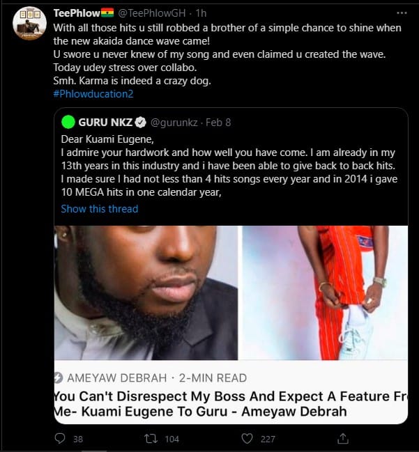 "Karma is indeed a crazy dog" Teephlow teases Guru over Kuami Eugene collabo saga after robbing him of a simple chance to shine