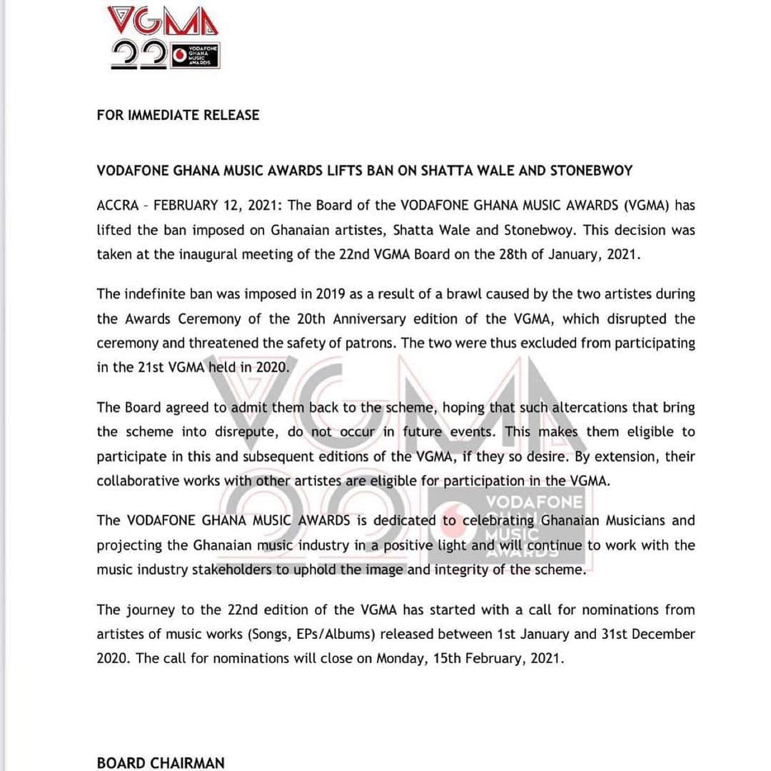 VGMA lifts ban on Stonebwoy and Shatta Wale