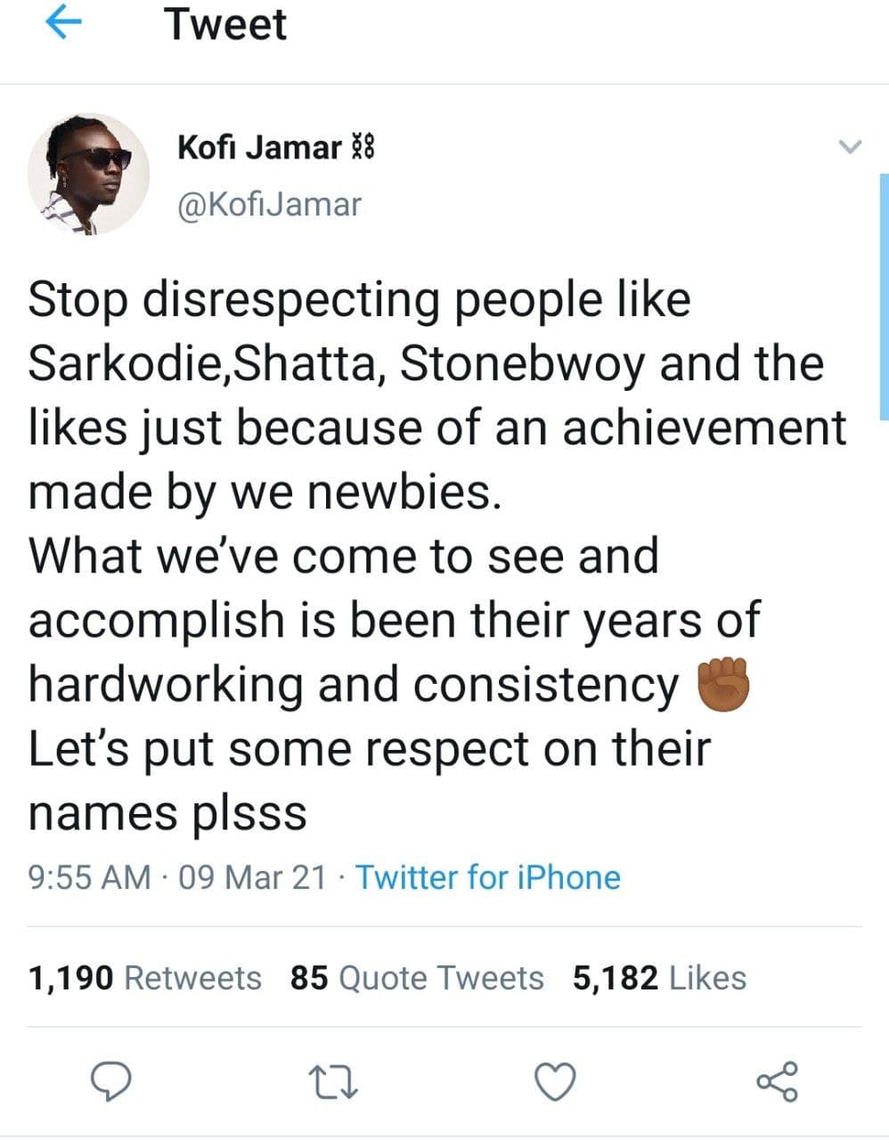 Kofi Jamar fumes, strikes a warning "never mistake my humbleness for something else"