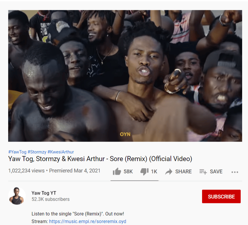 Yaw Tog’s ‘SORE’ remix Hits 1M in Just 3 days
