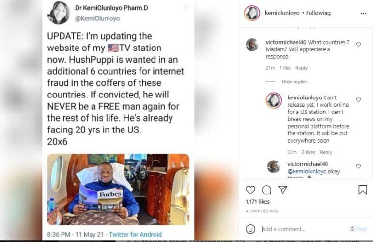 Kemi Olunloyo – "Hushpuppi is wanted in six other countries, Faced with 120 years in jail"