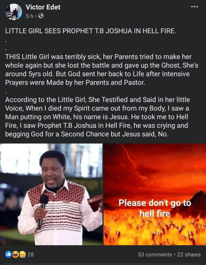 “I saw prophet TB Joshua in hellfire, begging God for a second chance but Jesus said no” - Girl who died and came back to life reveals