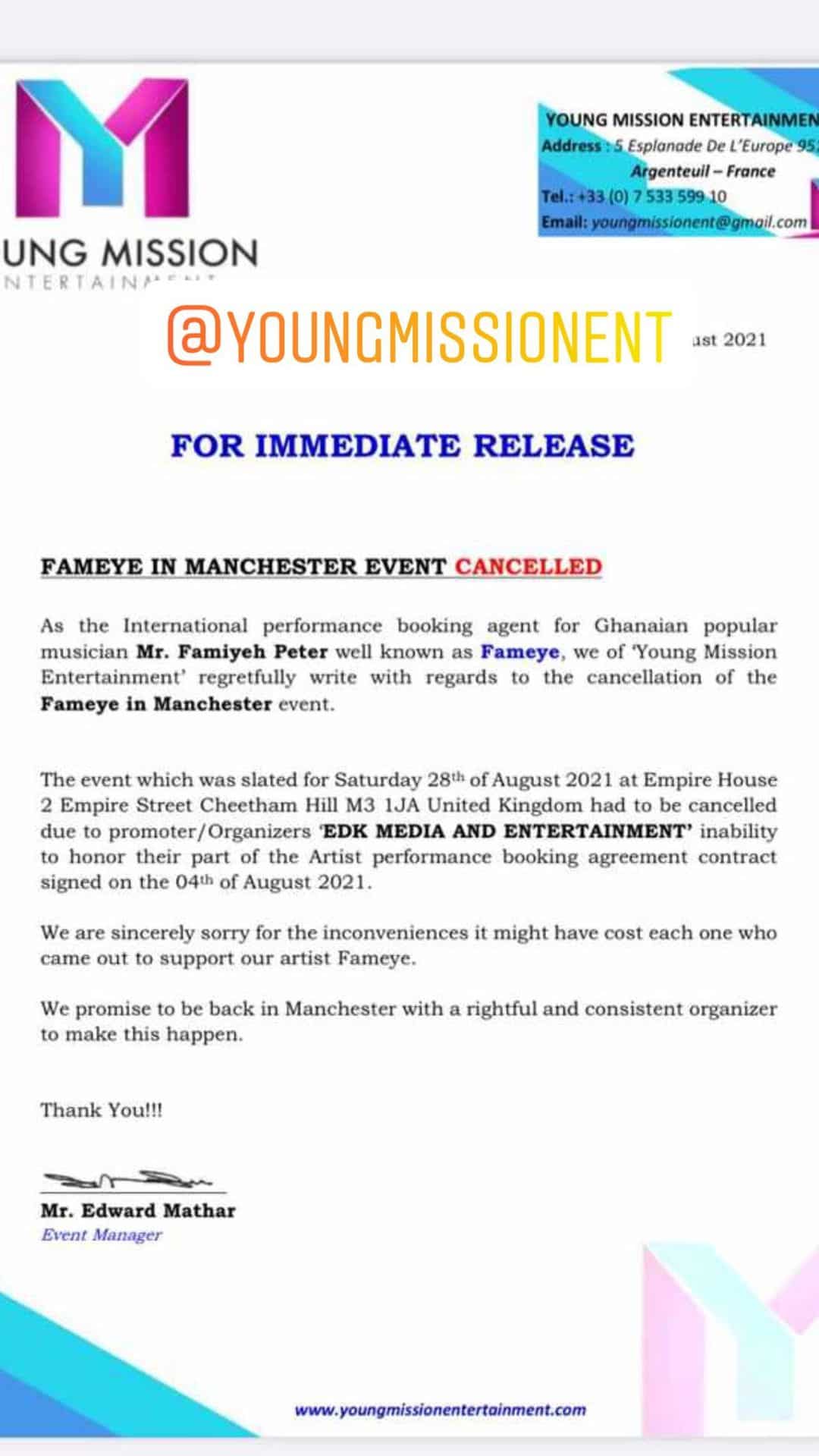 Fameye’s Manchester Concert Cancelled