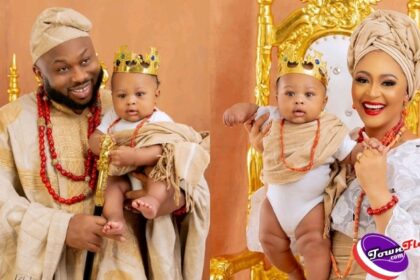 Tonto Dikeh's ex-husband, Olakunle Churchill and wife, Rosy Meurer finally shows their baby’s face