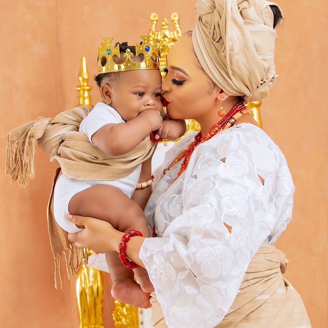 Tonto Dikeh's ex-husband, Olakunle Churchill and wife, Rosy Meurer finally shows their baby’s face (photos)