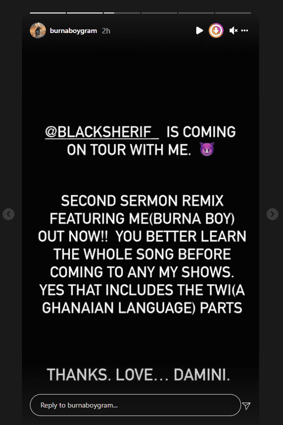 Burna Boy Features Black Sherif On His Tour