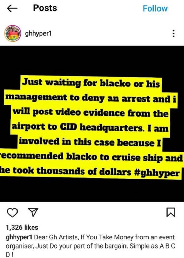 Why Black Sherif was arrested, He took money from an event organiser and failed to deliver upon agreement