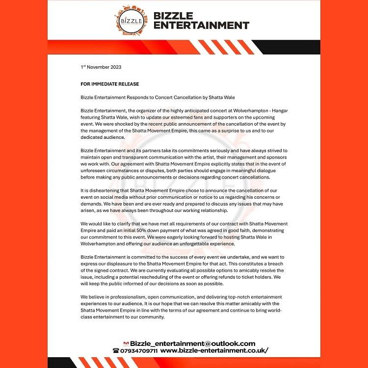 ‘This Constitute A Breach Of The Signed Contract’ – Bizzle Entertainment Responds To Shatta Wale’s Concert Cancellation