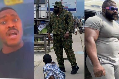 In a recent video circulating on social media, a disgruntled soldier has issued a stern warning to Kizz Daniel's bouncer, threatening dire consequences if the muscular figure is caught wearing camouflage military uniform again.