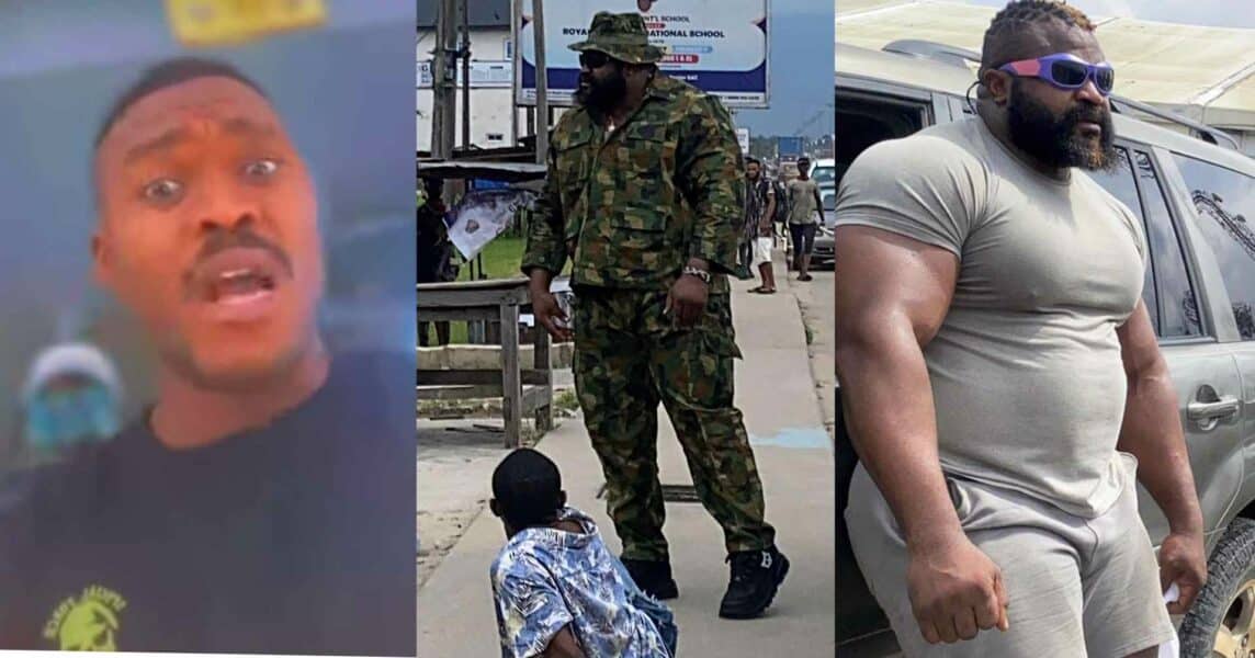 In a recent video circulating on social media, a disgruntled soldier has issued a stern warning to Kizz Daniel's bouncer, threatening dire consequences if the muscular figure is caught wearing camouflage military uniform again.