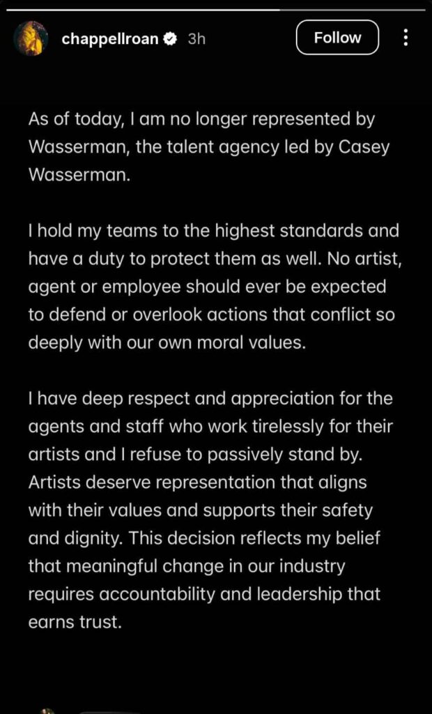 Chappell Roan Instagram post announcement of her existence from Wasserman Music Agency Due to CEO’s Epstein Emails