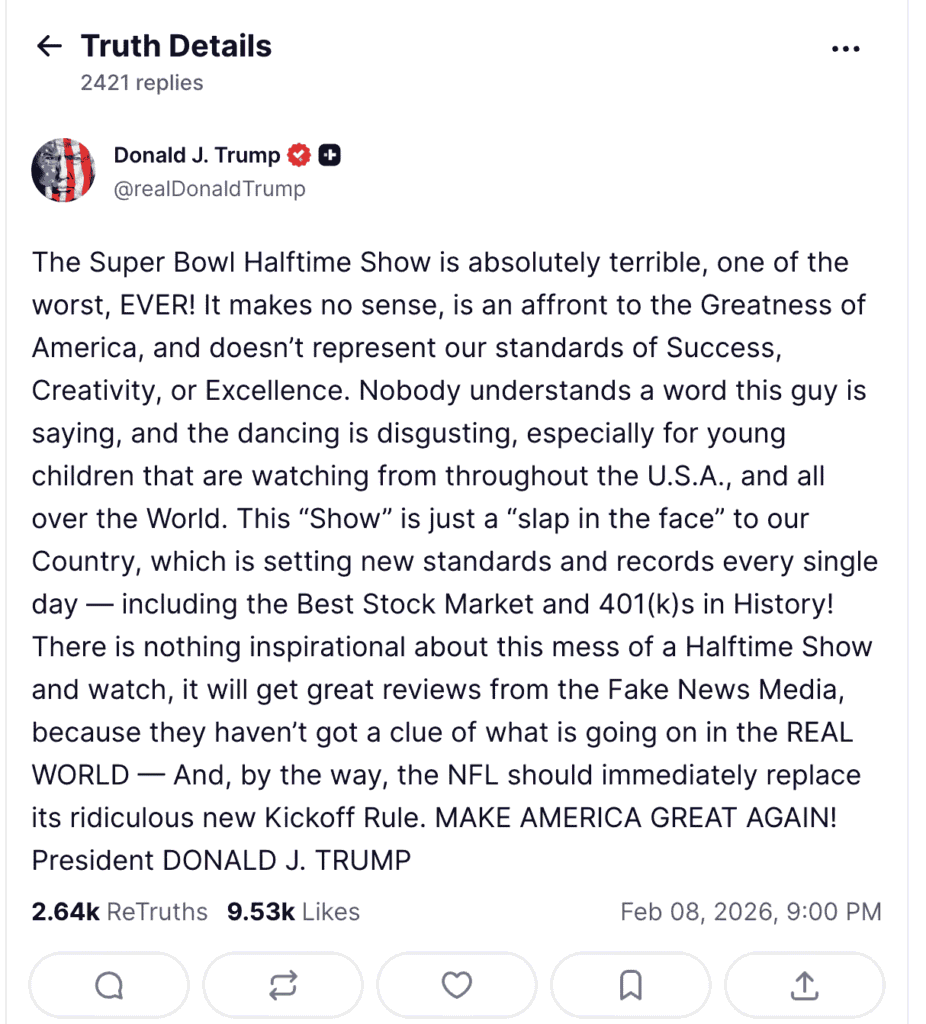 Donald Trump criticizes Bad Bunny Super Bowl Halftime Show