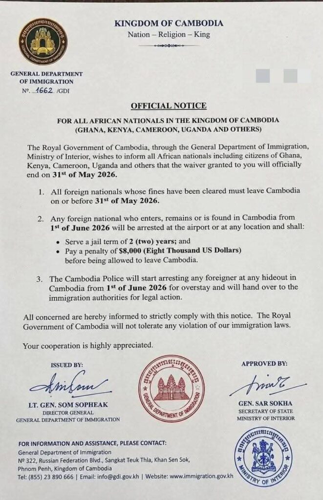 Cambodia Orders Ghanaians, Africans to Exit by May 31 or Face Jail